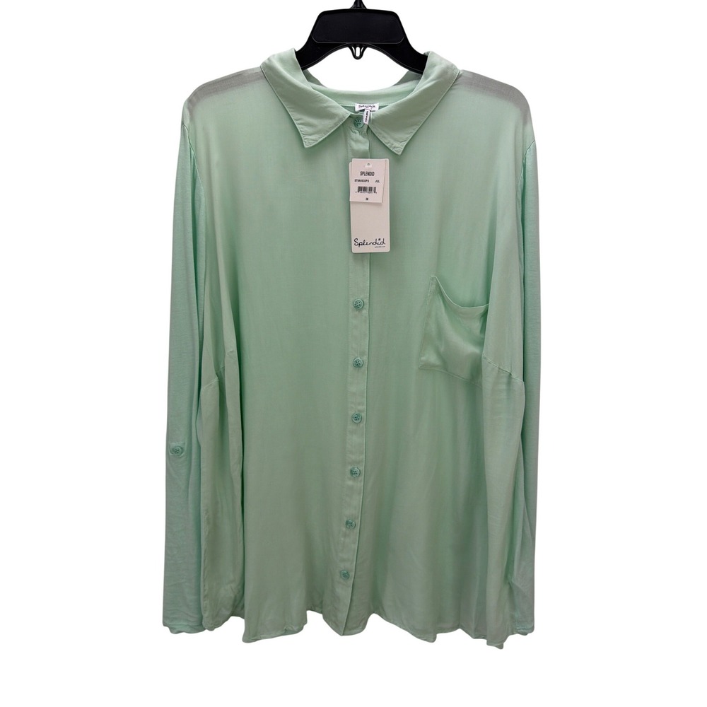 Splendid Green Pima Cotton Modal Blend Button Pocket Shirt Roll Tab Sleeves 3X